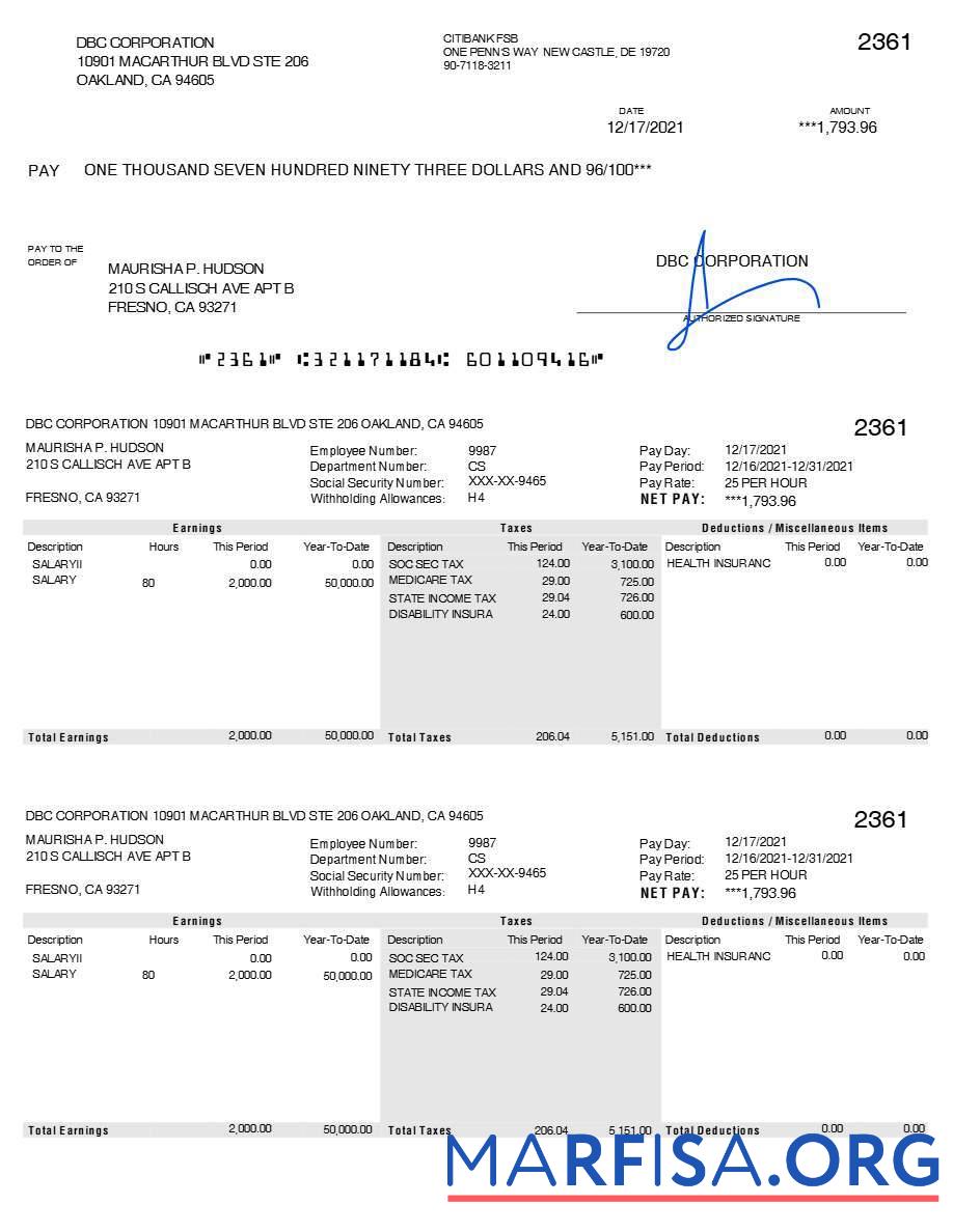 Realistic DBC Corporation pay stub template